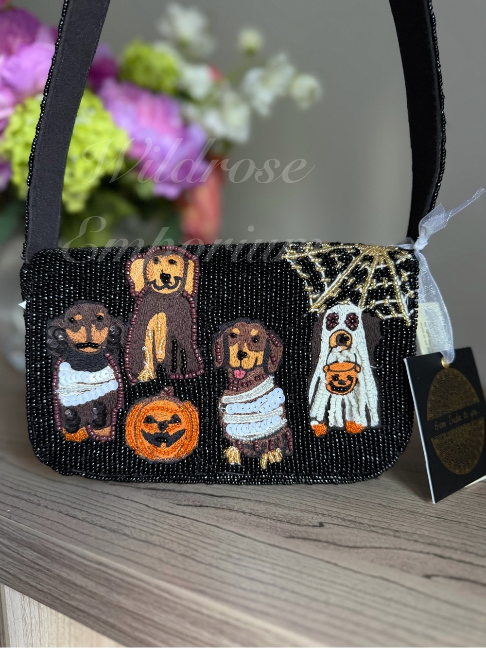 Made in India Halloween Daschund ghost web puppy Costume Beaded Shoulder Bag